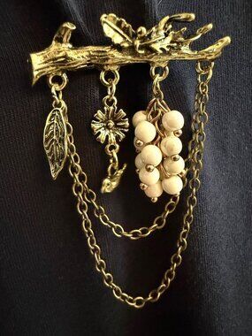 Aratta Gold Bird & Log Brooch With Faux Pearl Accents Nature-Inspired Jewelry 2"